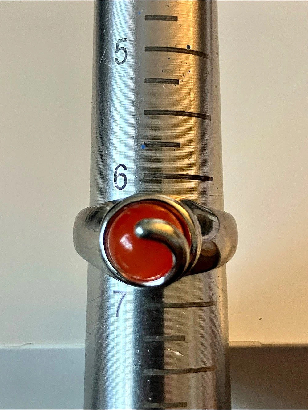 Sterling Silver and  Orange Cabochon Ring Size 6.5